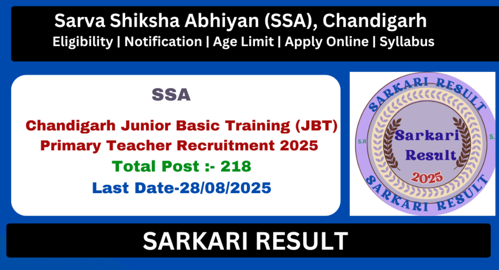 Chandigarh JBT Primary Teacher Recruitment 2025 - Apply Online for 218 teacher Post